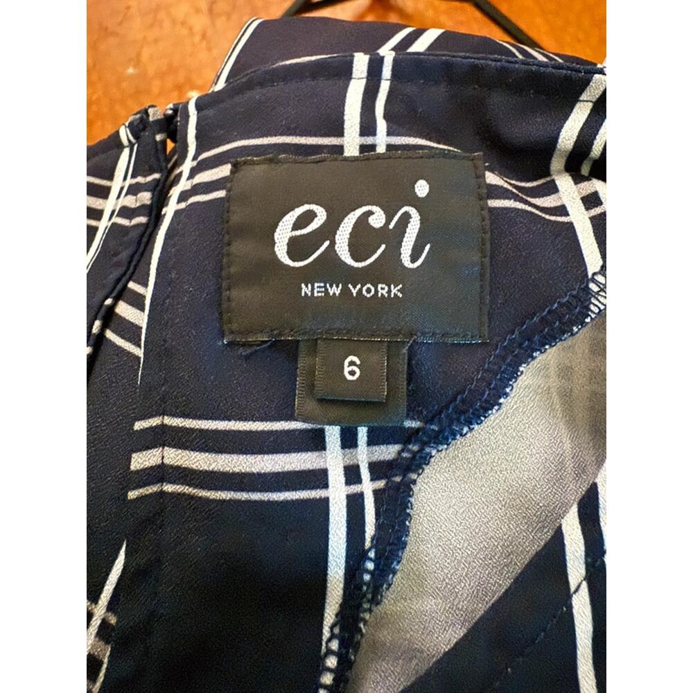 ECI New York Navy Blue & Gray Windowpane Shift Dress Bow Bell Sleeves - Size 6 - Picture 3 of 3